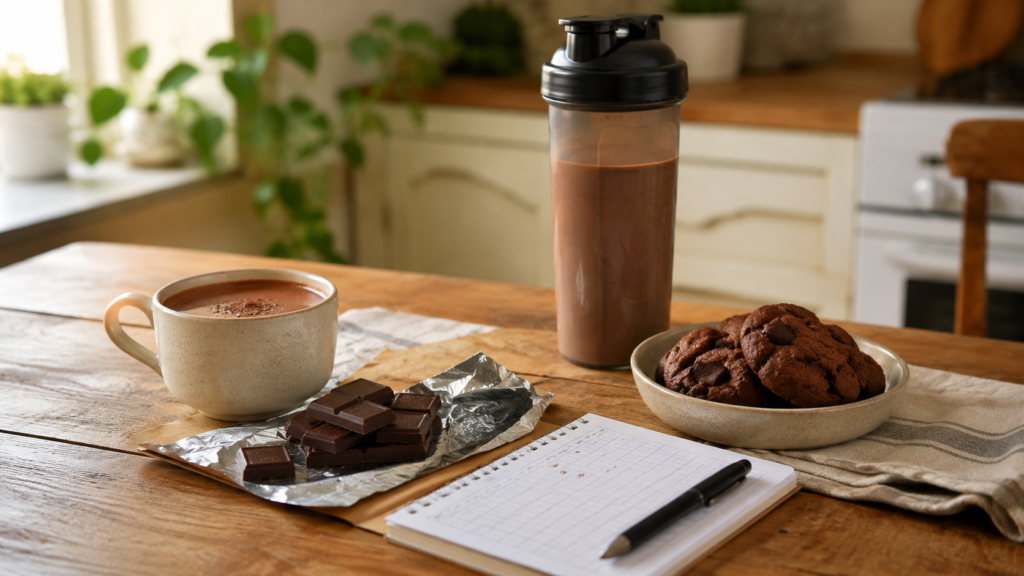 Chocolate snacks and cocoa drinks on a table with a sleep tracking notebook